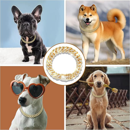 Dog Chain Designer Gold Crystal Pet Collar Cuban Link Chain with Secure Buckle Luxury Adjustable Necklacefor Small Medium Large Dogs Cats(Glod 14inch)