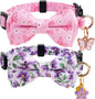 2 Pack Cotton Cat Collar with Bow Tie and Bell for Girl Boy Cats,Cute Pink Flamingo and Blue Whale Pattern Spring Summer Breakaway Cat Collar for Male Female Cats (Butterfly&Violet)