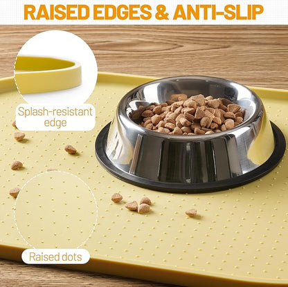 Hubulk 100% Waterproof Silicone Pet Feeding Mat with Raised Edge for Food and Water, Dog Bowl Mats, Cat Bowls Placemat with High Lip Protects Floor for Cats and Dogs (Yellow, 24" L x 16" W)