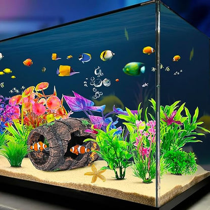 Fish Tank Decoration for Aquarium Tank, Betta Fish Tank Accessories Starfish Barrel x 1pc, Aquarrium Decor Aquatic Plants x 4pcs, Aquarium Decor Starfish x 1pcs.