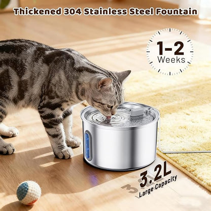 Cat Water Fountain Stainless Steel, 3.2L Cat Fountains for Drinking with Smart Quiet Pump and Water Level Window, Easy-to-Clean Automatic Pet Water Dispenser (3.2L Fountain with 12 Filters)