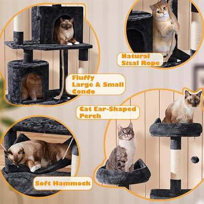 Yaheetech Cat Tree, 70.5in Climbing Tower for Indoor Cats, Multi-Level Kitten Condo with Scratching Post, Pet Activity Center w/Plush Perches & Hammock & Dangling Ball, Black