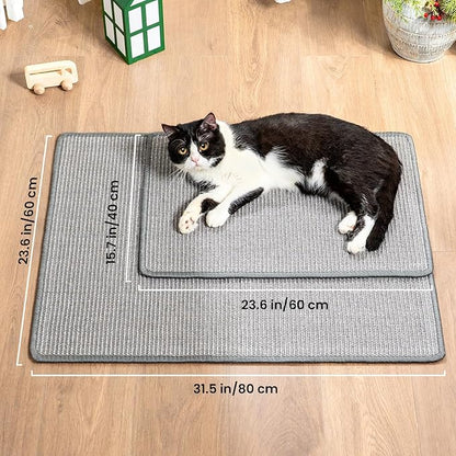 Cat Scratcher Mat,Natural Sisal Cat Scratch Pad with Hook&Loop Tape,Horizontal Floor Kitty Scratching Pads Rug for Indoor, Furniture Protector for Couch&Carpets&Sofas, Large, Grey, 2 Pack