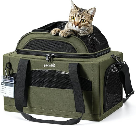 Pecute Expandable Pet Carrier Airline Approved Dog Cat Carrier, Breathable Soft-Sided with Locking Zippers, Pet Travel Bag for Small Dog Cat Anti-Scratch Mesh Leakproof Pee Pad (Dark Green)