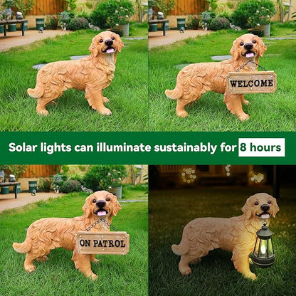 Golden Retriever Statue Outdoor Decorations – Outdoor Dog Statue Standing Golden Retriever with Removable Solar Light & Welcome Sign for Patio Décor