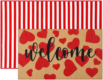 Tinideya 2 Pcs Door Mat Welcome Non Slip Coir Mats Floor Layering Doormats Seasonal for Front Porch Entryway Decor(Heart)