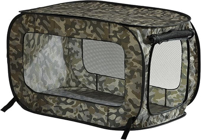 Beatrice Home Fashions Portable, Collapsible, Pop Up Kennel Travel Cat and Dog Crate, 36" L x 22" W x 22" H, Camo Green