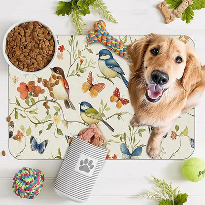 Butterfly Bird Dog Food Mat for Floors,Vintage Nature Absorbent Pet Food and Water Bowl Mats,Non-Slip Pet Feeding Mat,Pet Supplies 12" x 20"