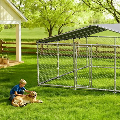 15.3'x15.3'Large Outdoor Dog Kennel Outside– Heavy-Duty Dog Enclosure with Wire Mesh Fence, Lock & Waterproof Cover for Large Dogs