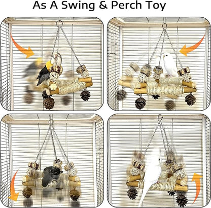 Bird Swing for Cage with Chew Toys, 3 Sisal-Wrapped Parrot Perches & Stable Triangle Design, Wooden Hanging Parakeet Toys Swing for Cockatiel Lovebirds Conures Quaker Balance Training (S)