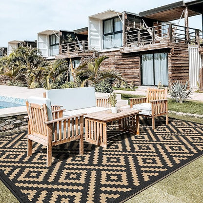 GENIMO Outdoor Rug for Patio Clearance, 10'x14' Waterproof Large Camping Mat, Reversible Plastic Straw Rugs for RV, Camper, Balcony, Backyard, Picnic, Deck (Black & Brown)