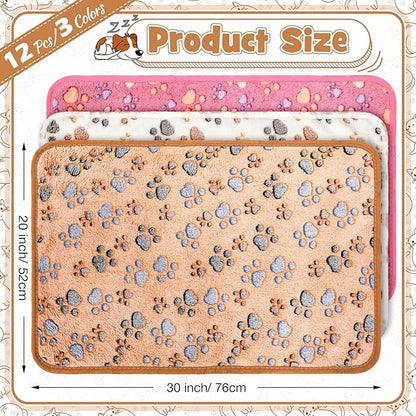 Tegeme 12 Pcs Pet Blankets Soft Fluffy Fleece Dog Cat Warm Paw Print Pattern Blankets Flannel Throw for Pets Dog Puppy Cat(30 x 20 Inch,Pink,Beige,Camel)