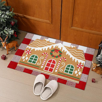 Tinideya 2 Pcs Door Mat Welcome Non Slip Coir Mats Floor Layering Doormats Seasonal for Front Porch Entryway Decor(Gingerbread House)