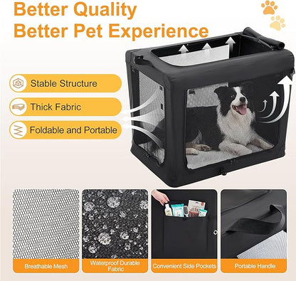 Dog Travel Crate 42 Inch, Portable Soft-Sided Travel Carriers for Dogs and Cats, Foldable Pet Kennel with 3-Doors Mesh Windows Indoor & Outdoor, Black