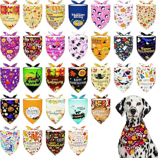 30 Pcs Halloween Thanksgiving Dog Bandanas Bulk 33 Inch XXL Stitch Dog Bandanas for Large Dogs Breed Polyester Scarves Party Grooming L
