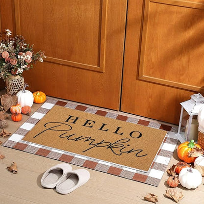 Tinideya 2 Pcs Door Mat Welcome Non Slip Coir Mats Floor Layering Doormats Seasonal for Front Porch Entryway Decor(Brown White Plaid)