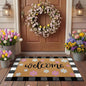 Tinideya 2 Pcs Spring Welcome Door Mat Outdoor Pink Flower Doormats for Front Door Non Slip Floral Layered Coir Mat Black White Check Spring Rug for Outside Front Porch Entryway Decor