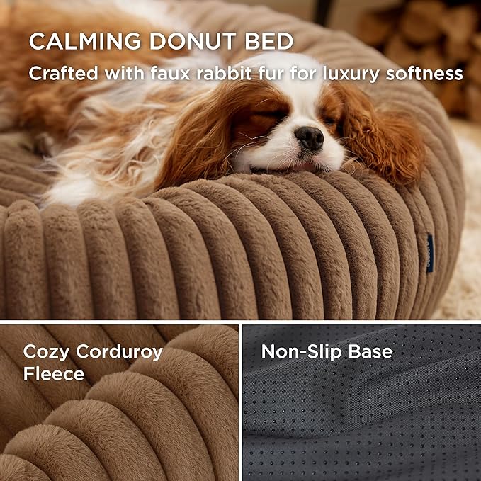 Bedsure ComfyFleece™ Donut Small Dog Bed - Dog Beds for Small Dogs with Corduroy Fleece & Anti Slip Bottom, Round Faux Fur Pet Beds with Washable Removable Cover, Camel Brown, 23x23x7 inches