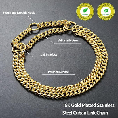 Gold Dog Collar Chain Stainless Steel 19K Gold Dog Collar Adjustable Walking, Metal Cuban Link Dog Collar Chew Proof Double Row Chain Dog Collar for Large Small Medium Dogs