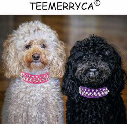 TEEMERRYCA Adjustable PU Leather Spiked Studded Dog Collars with a Squeak Ball Gift for Small Medium Large Pets Like Cats/Pit Bull/Bulldog/Pugs/Husky, Hot Pink, S 10.8"-13.2"