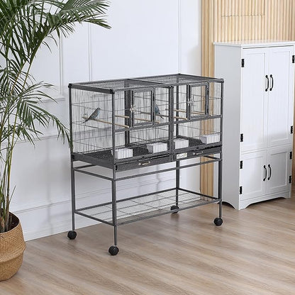PawHut Divided Breeder Bird Cage with Rolling Stand Removable Metal Tray, Storage Shelf, Wood Perch, and Food Container