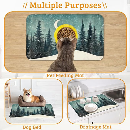 Pet Feeding Mat,Abstract Forest Absorbent Dog Cat Food Mat Moon Dog Mat with Rubber Backing,Non-Slip Water Bowl Placemat,Pet Supplies 16" x 24"