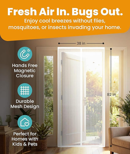 Flux Phenom Magnetic Screen Door Mesh 38x82 Inch – Easy Install, Strong Magnet Strength, Self-Sealing Mesh, Pet Tested, Hands-Free Entry, Door Screen Magnetic Closure, Keeps Bugs Out - White
