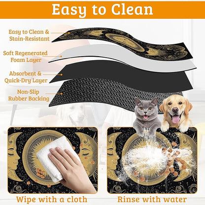 Dog Bowl Mat,Moon Sun Pet Feeding Mat for Floors Waterproof,Boho Vintage Absorbent Dogs Placemat for Food and Water Quick Dry Pet Cat Feeding Mats with Non Slip Bottom 16" x 24"