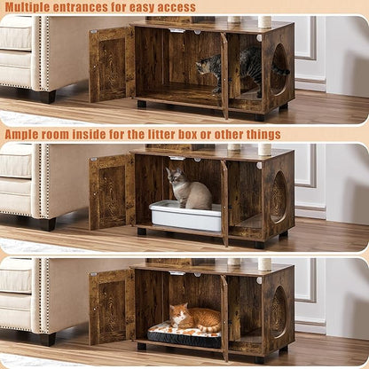 Yaheetech Litter Box Enclosure with Cat Tree, All-in-one Indoor Kitten House w/Scratching Posts, Wooden Cat Litter Box Furniture w/Condo, Platform, Rustic Brown/Beige