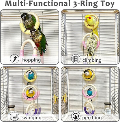 3-Ring Bird Swing Toy, Wrapped with Cotton Rope for Parrots Soft Grip, Thick Wood Parakeet Swing Perch for Cage, Hanging Climbing Bird Toys for 2-3 Parrots Budgies, Lovebirds, Cockatiels