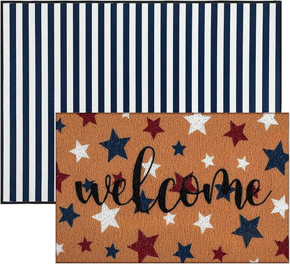 Tinideya 2 Pcs Door Mat Welcome Non Slip Coir Mats Floor Layering Doormats Seasonal for Front Porch Entryway Decor(Patriotic)