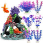 MyLifeUNIT Fish Tank Decorations, 7 Pieces Aquarium Plants Set with Coral Reef Decoration Mountain Cave Ornament for Betta, Goldfish, Shrimp to Breed, Play and Rest (Purple)