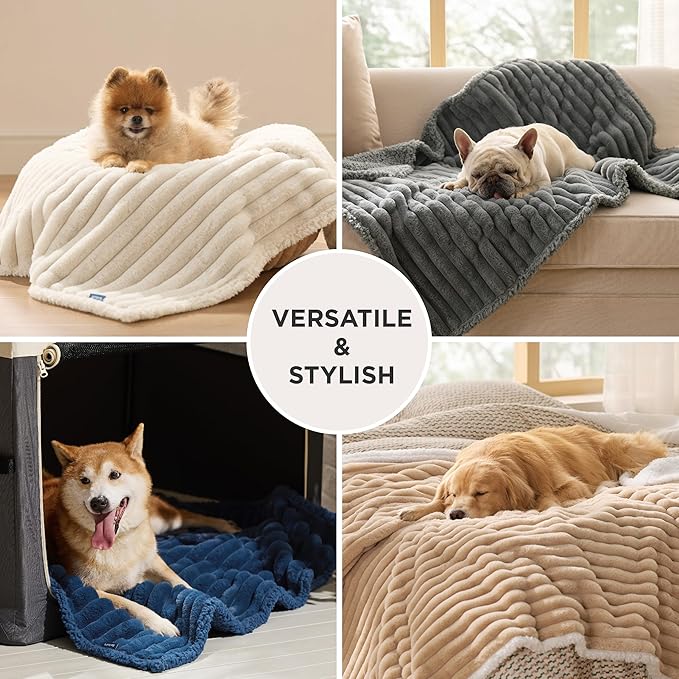 Bedsure ComfyFleece™ Waterproof Dog Blankets for Small Dogs - Soft Puppy Cat Blanket Corduroy Fleece Washable, Cozy Calming Reversible Furniture Protection for Pet Kitten Doggy,25"x35", Tuscan Beige