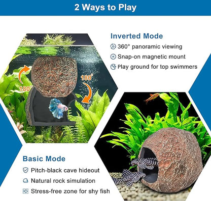 3rd-Gen Magnetic Aquarium Cave, Realistic Magnetic Rocks Fish Tank Decor with Strong Magnet, Resin Pleco Hideout for Betta, Cichlid and Shrimp, Easy Viewing Shelter for Small Fish and Reptiles