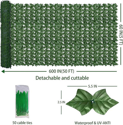 Artificial Fence Privacy Screen: 5FT x 50FT UV-Anti Faux Greenery Backdrop Ivy Chain Link Shades Panels for Patio, Balcony, Garden,Deck,Backyard Indoor Outdoor Green Wall Decor