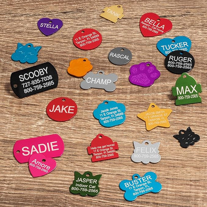 Providence Engraving Pet ID Tags - Small or Large Personalized Anodized Aluminum Pet Tags in Bone, Round, Star, Heart, Hydrant, Paw and Cat Face Shapes and 9 Colors for Dog and Cat