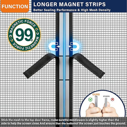 Double Door Fiberglass Magnetic Screen Door，Screen Door Mesh，Keep Bugs Out, Heavy-Duty Mesh Curtain,Pet and Kid Friendly, Works with Front Doors, Sliding Doors（74x80 Inch