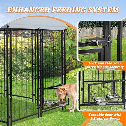 8x4x6 FT Outside Large Dog Kennel with roof - Outdoor Heavy Duty Welded Wire Steel Dog Playpen with Rotating Bowls, Dog Run Enclosure Crate Cage with Lockable Doors for Chicken, Rabbit