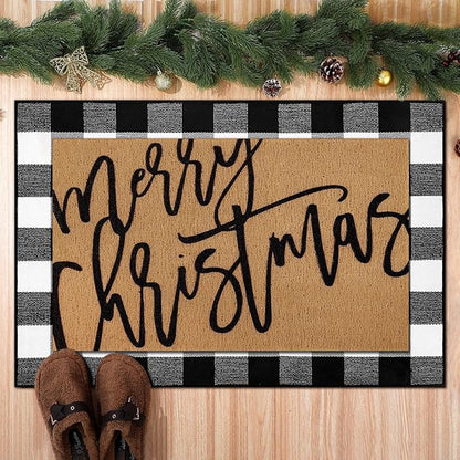 Tinideya 2 Pcs Door Mat Welcome Non Slip Coir Mats Floor Layering Doormats Seasonal for Front Porch Entryway Decor(Merry Christmas)