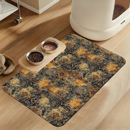 Grunge Boho Pet Feeding Mat for Floors–Christmas Stocking Absorbent Quick Dry Dog Cat Bowl Mat for Food and Water, Non Slip Waterproof Base, Mess-Free Feeding Accessories 16"x24"