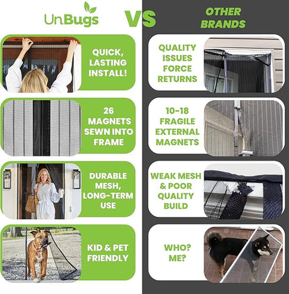 UnBugs Magnetic Screen Door - Fits Doors up to 36 x 82 Inches MAX - Pet & Kid Friendly, Self-Closing - Hands Free Magnet Closure Keeps Bugs Out & Breeze in