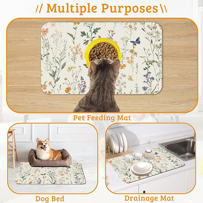 Wildflowers Butterfly Dog Cat Food Mat,Plants Absorbent Waterproof Placemat for Food and Water Non Slip Rubber Backing Durable Feeding Pad for Clean Floors 16" x 24"