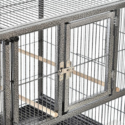 PawHut Divided Breeder Bird Cage with Rolling Stand Removable Metal Tray, Storage Shelf, Wood Perch, and Food Container