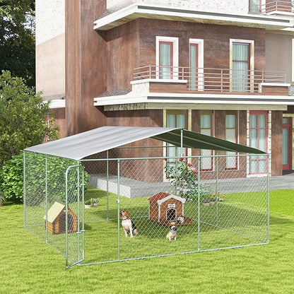 PawHut Outdoor Dog Kennel, Heavy Duty Dog Run Outdoor Fence with Waterproof Cover, Galvanized Chain Link, Secure Lock, for Large Breeds, Chickens, Ducks, 15' x 15' x 7.5'
