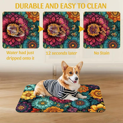 Vintage Floral Pet Feeding Mat, Fast-Dry Absorbent Dog and Cat Bowl Mat, Waterproof Rubber Base – 16x24 Inch