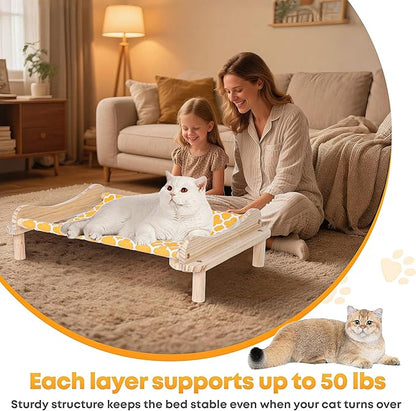 Elevated Wooden Cat Bed – 24"x15.7"x5.9" Breathable Hammock Pet Bed for Indoor/Outdoor Use, Raised Dog Lounger for Small Pets Like Kittens, Puppies, Rabbits, and Bunnies(White-1)