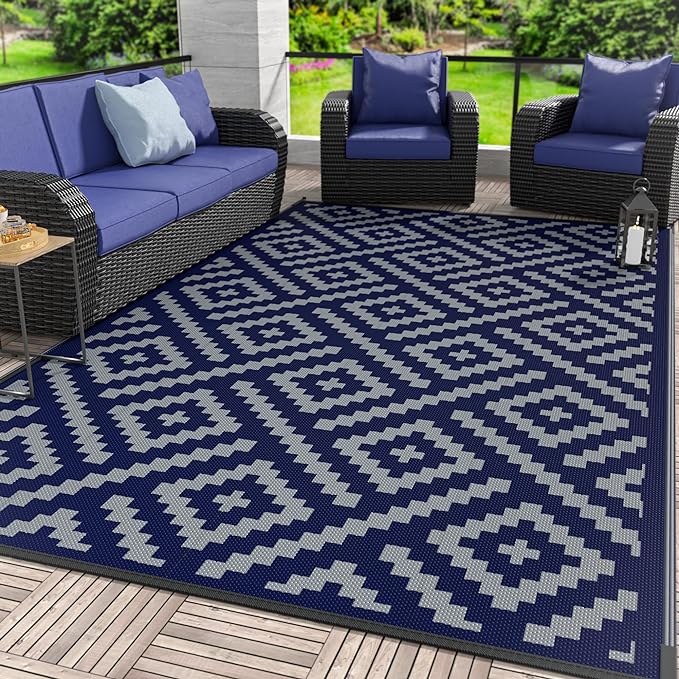 GENIMO Outdoor Rug for Patio Clearance, 8'x10' Waterproof Camping Mat, Reversible Plastic Straw Rugs for RV, Camper, Balcony, Backyard, Picnic, Deck (Blue & Grey)