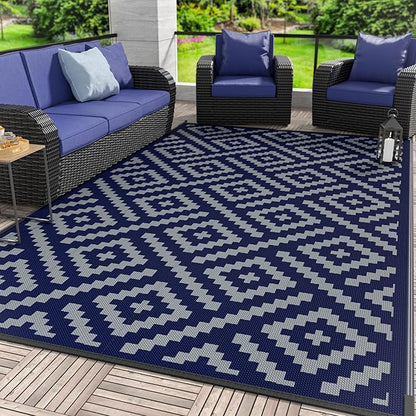 GENIMO Outdoor Rug for Patio Clearance, 10'x14' Waterproof Camping Mat, Reversible Plastic Straw Rugs for RV, Camper, Balcony, Backyard, Picnic, Deck (Blue & Grey)