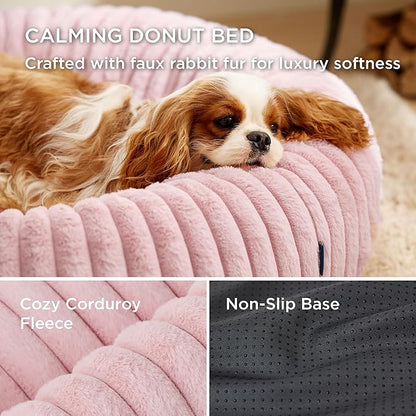 Bedsure ComfyFleece™ Cat beds for Indoor Cats - Donut Dog Beds for Small Dogs with Corduroy Fleece & Anti Slip Bottom, Faux Fur Pet Beds with Washable Removable Cover, Blush Pink, 20x20x6 inches