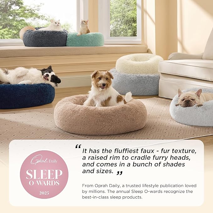 Bedsure Calming Dog Bed for Small Medium Dogs - Donut Washable Medium Puppy Bed, 27 inches Anti-Slip Round Fluffy Plush Faux Fur Pet Bed, Camel